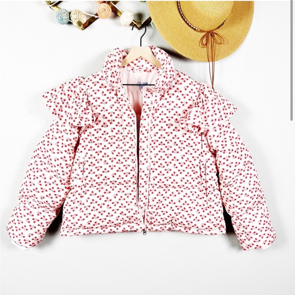 Hill House The Violet Ruffle Sleeve Puffer Jacket in Posy Pink Medium